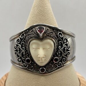 Novica 925 Hand Crafted Carved Bone Garnet Cuff Bracelet Jungle Princess